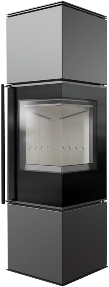 KRATKI Ren/M Eckkamin 7 kW – Freistehender Kaminofen aus Stahl Ø 150 mm 2 Seiten Glas - BImSchV 2, Ecodesign & Flamme Verte - doppelseitige Sichtscheibe, Tür rechts