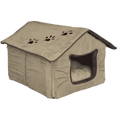 Cama bege para animais de estimação com telhado em formato de casinha.
