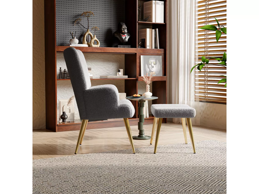 Ensemble 2 pièces, ensemble de chaises sherpa avec tabouret, design élégant, Gris foncé