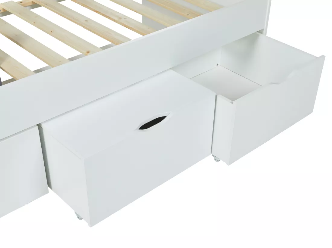 Lit LOUANE avec 2 tiroirs et 1 coffre de rangement - 90 x 190 cm - Blanc