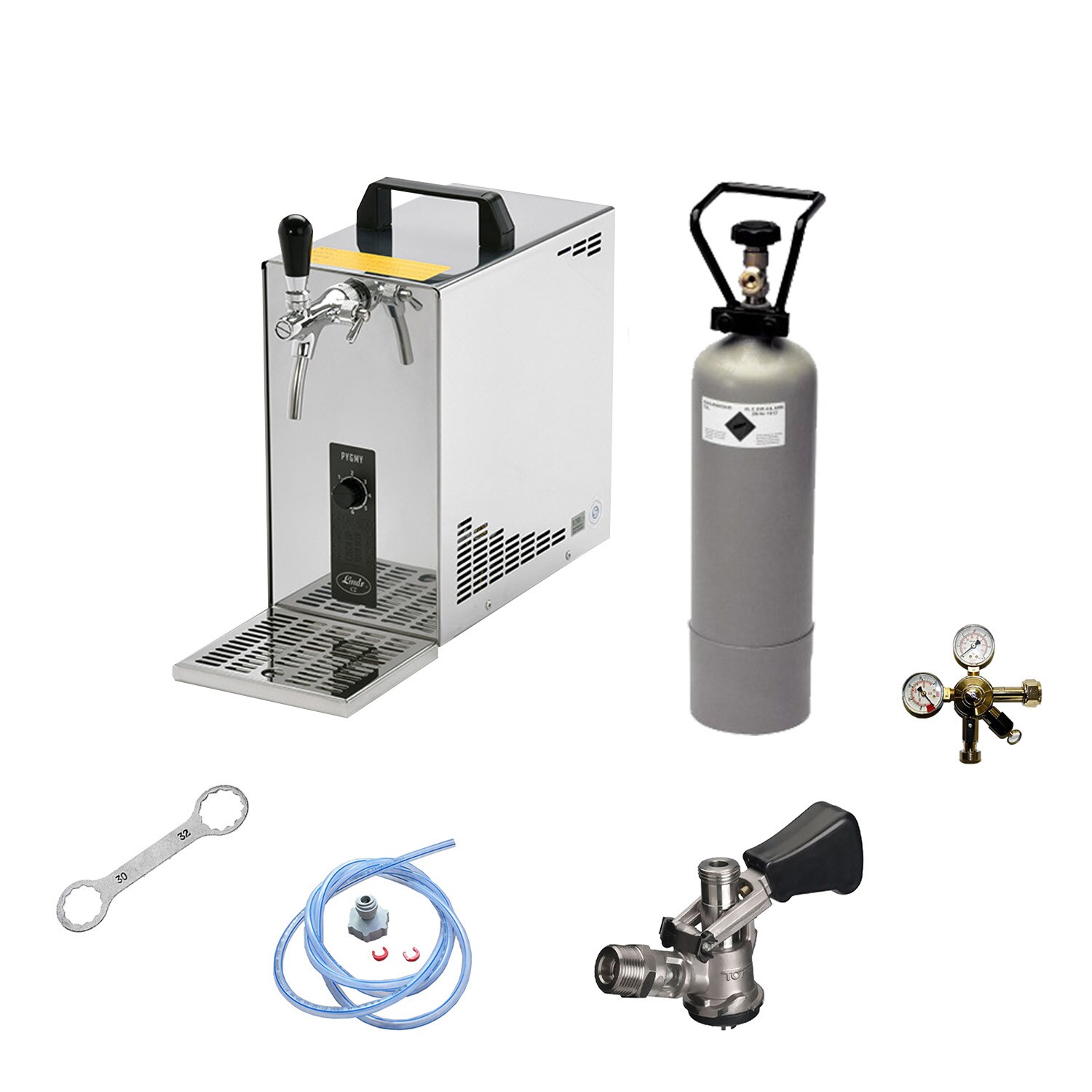 Komplett Set - Zapfanlage, Bierzapfanlage, Bierkoffer, Durchlaufkühler PYGMY 25 1-leitig Trockenkühler, 35 Liter/h, Zapfkopf:NC Adapter