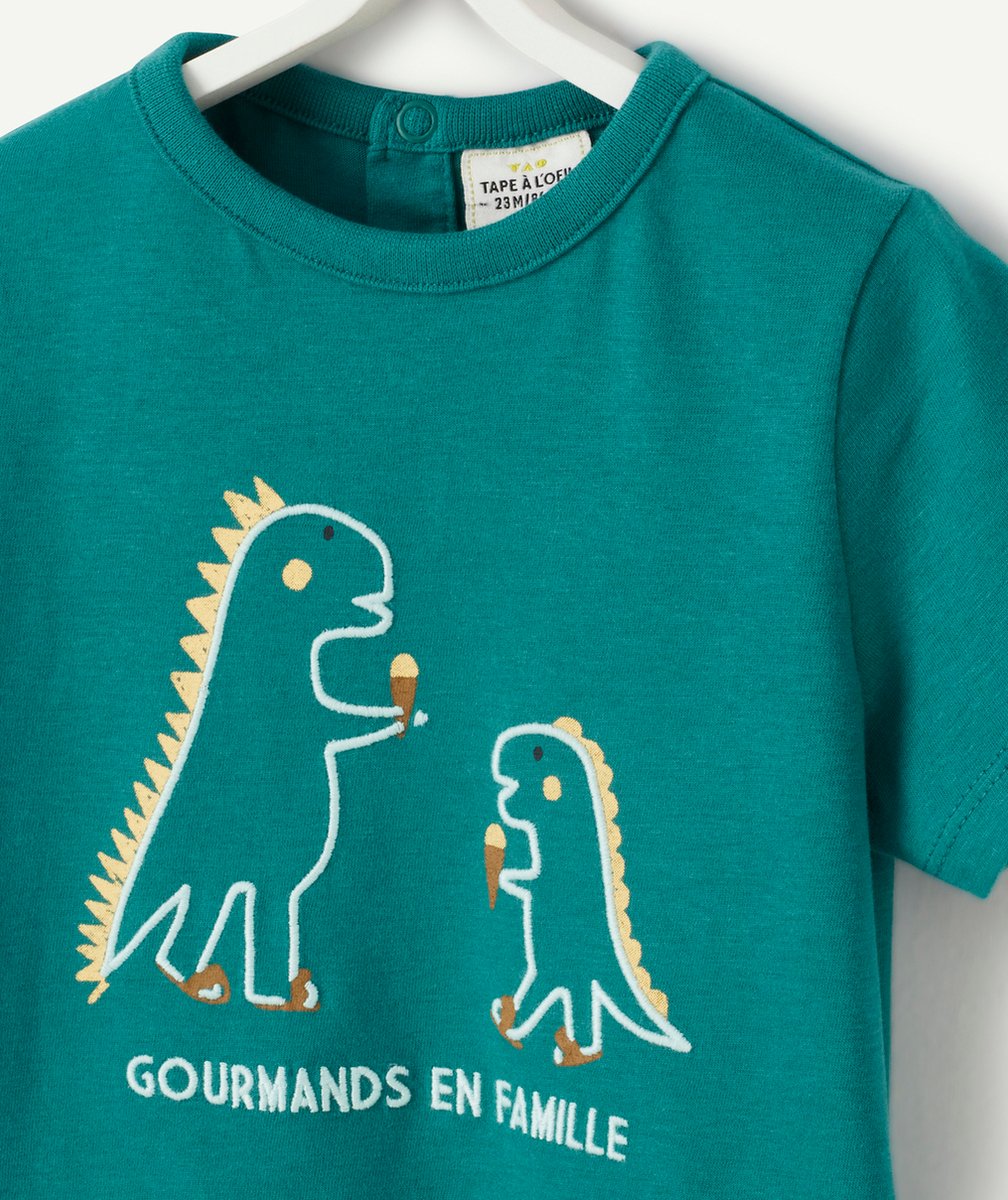 T-SHIRT BÉBÉ GARÇON EN FIBRES RECYCLÉES VERT FONCÉ AVEC DINOSAURES