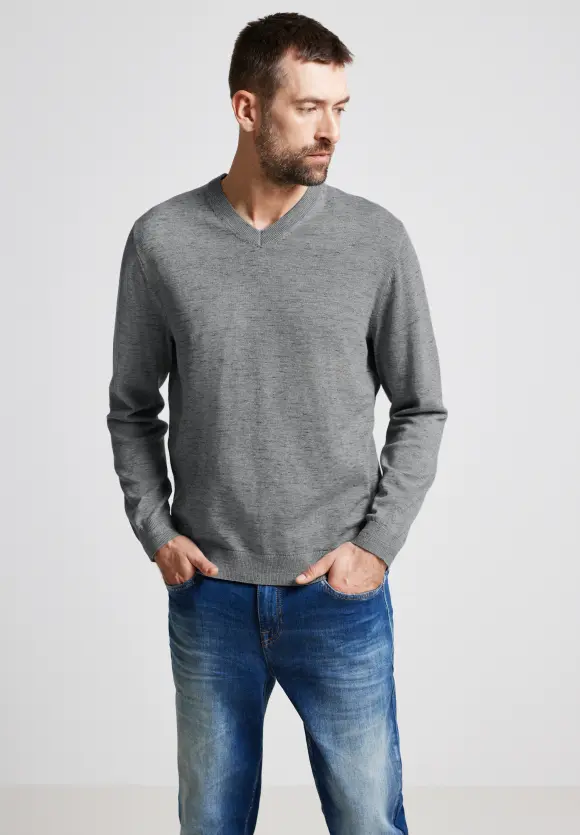 Melange V-Neck Pullover - stone grey melange