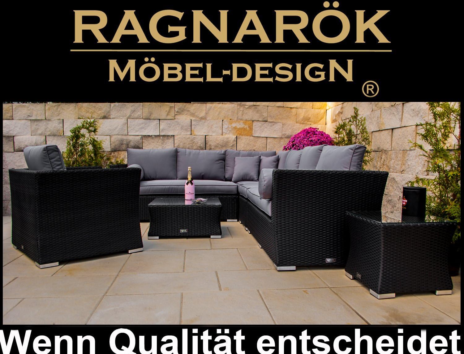 Ragnarök-Möbeldesign PolyRattan Lounge DEUTSCHE Marke - EIGENE Produktion - 8 Jahre GARANTIE auf UV Besträndigkeit SCHWARZ Gartenmöbel Aluminium
