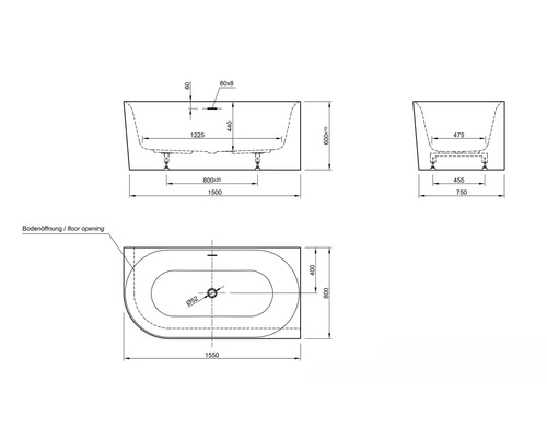 OTTOFOND BW Afinar Hoekbad XS 80 x 155 cm wit glanzend, inbouwbad ruimtebesparend, 703941