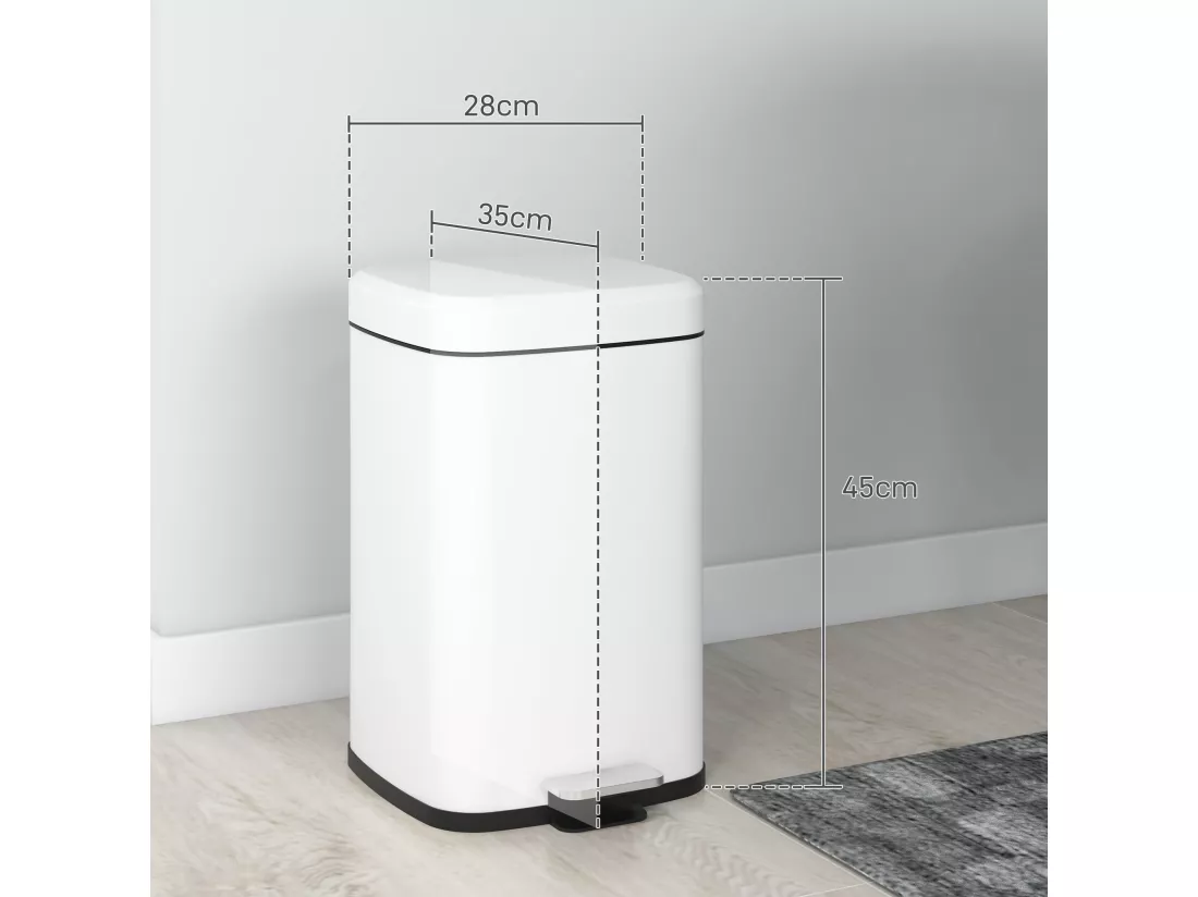 Poubelle de cuisine 20L poubelle à pédale en acier inoxydable avec couvercle à fermeture douce, compacte, seau intérieur amovible, 28L x 35l x 45H cm, blanc