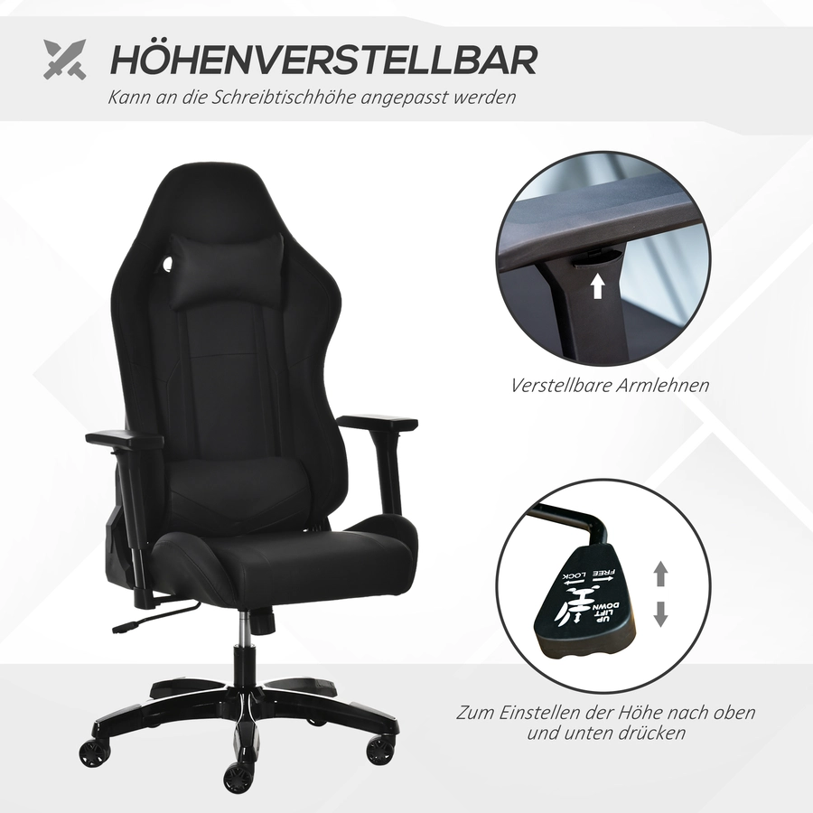 Vinsetto Gaming Stuhl mit verstellbaren Armlehnen schwarz