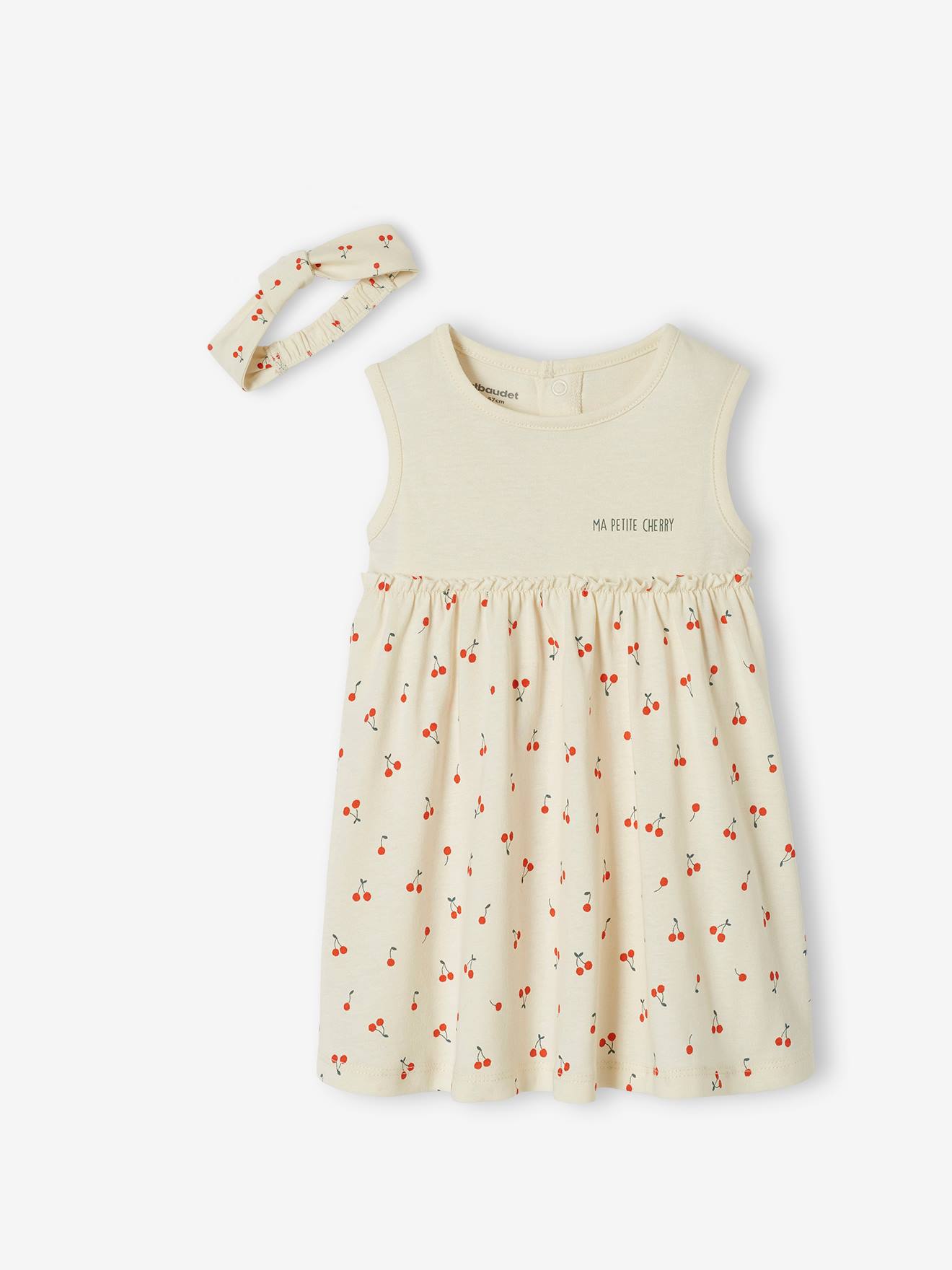 Vestido verde claro estampado e faixa de cabelo combinando para bebê menina