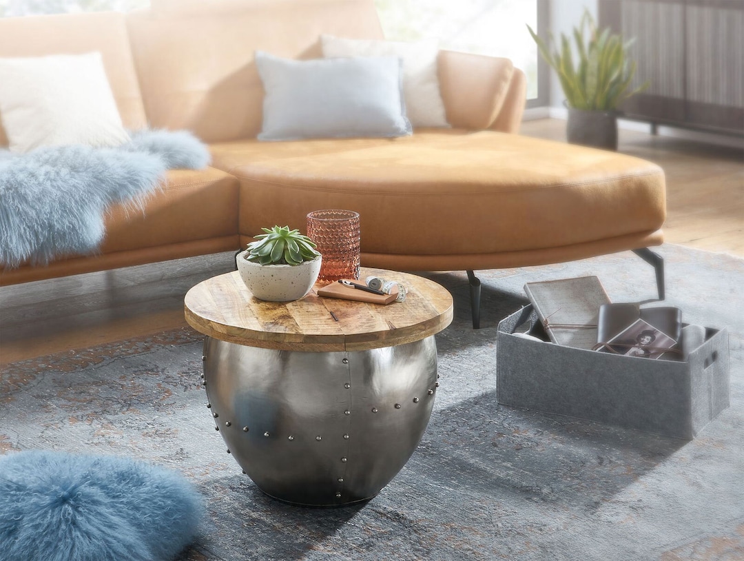 Couchtisch rund 60 cm Silberfarbig/ Mango massiv