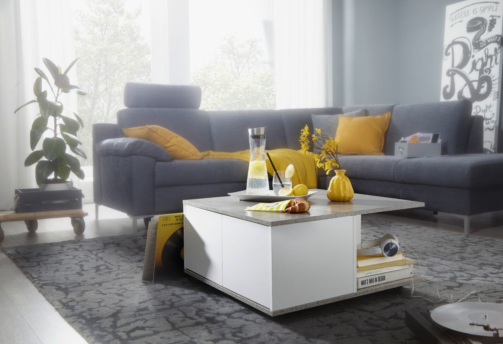 Couchtisch - zementgrau-weiß - auf Rollen - 70 cm