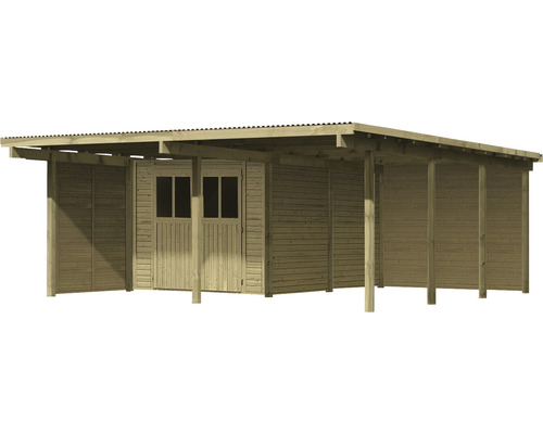 Dubbele carportset Karibu Eco 2 met geïntegreerde berging 7,3 m², één zij- en één achterwand 527 x 576 cm, drukgeïmpregneerd