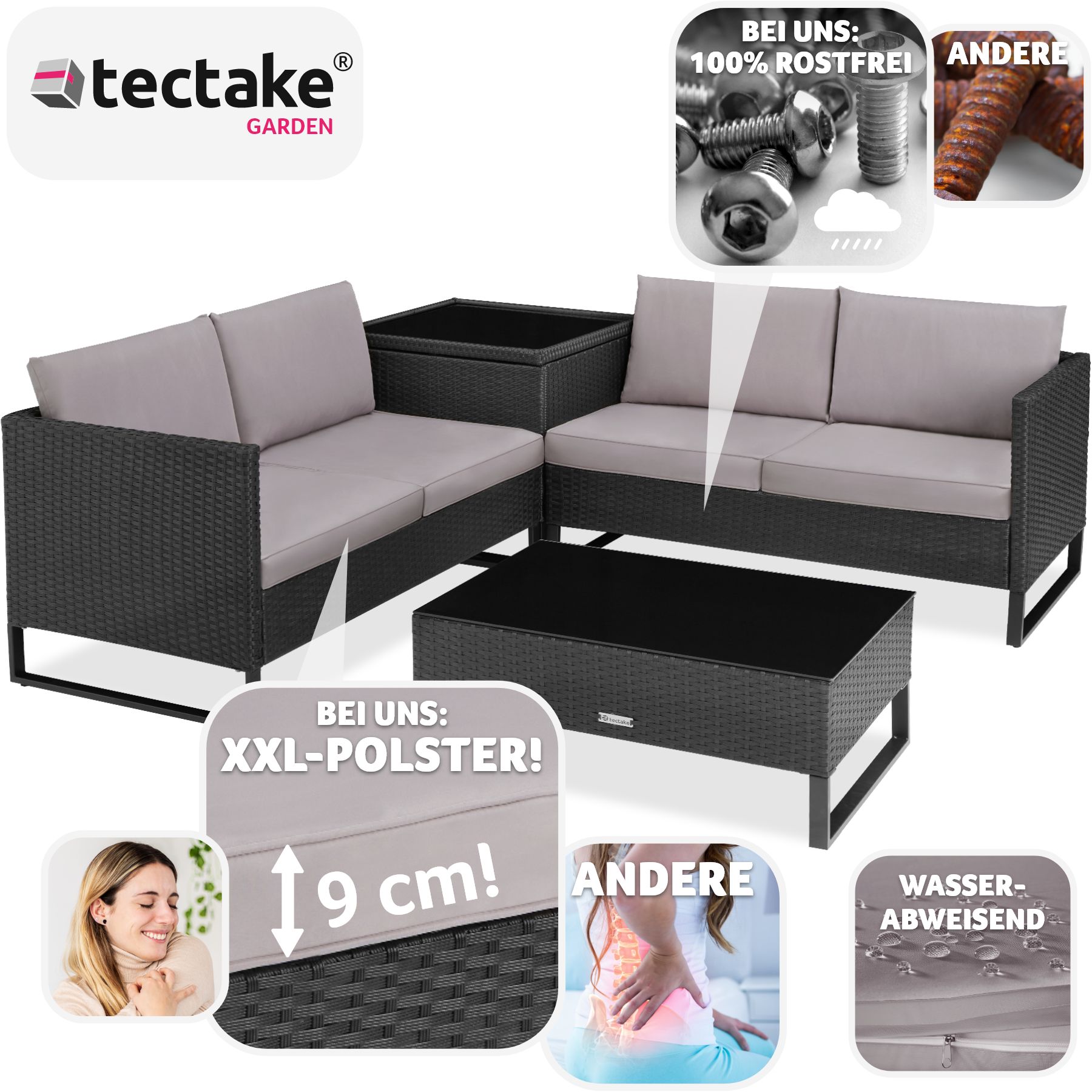 tectake® Rattan Lounge, für 4 Personen, große Aufbewahrungsbox, mit Sicherheitsglasplatte