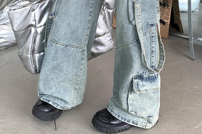 Kenning - Mid Rise Washed Wide Leg Cargo Jeans