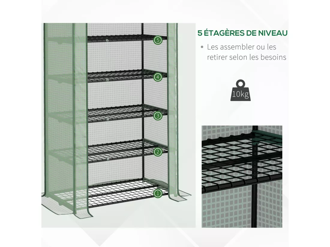 Serre de jardin balcon 5 niveaux porte acier PE vert