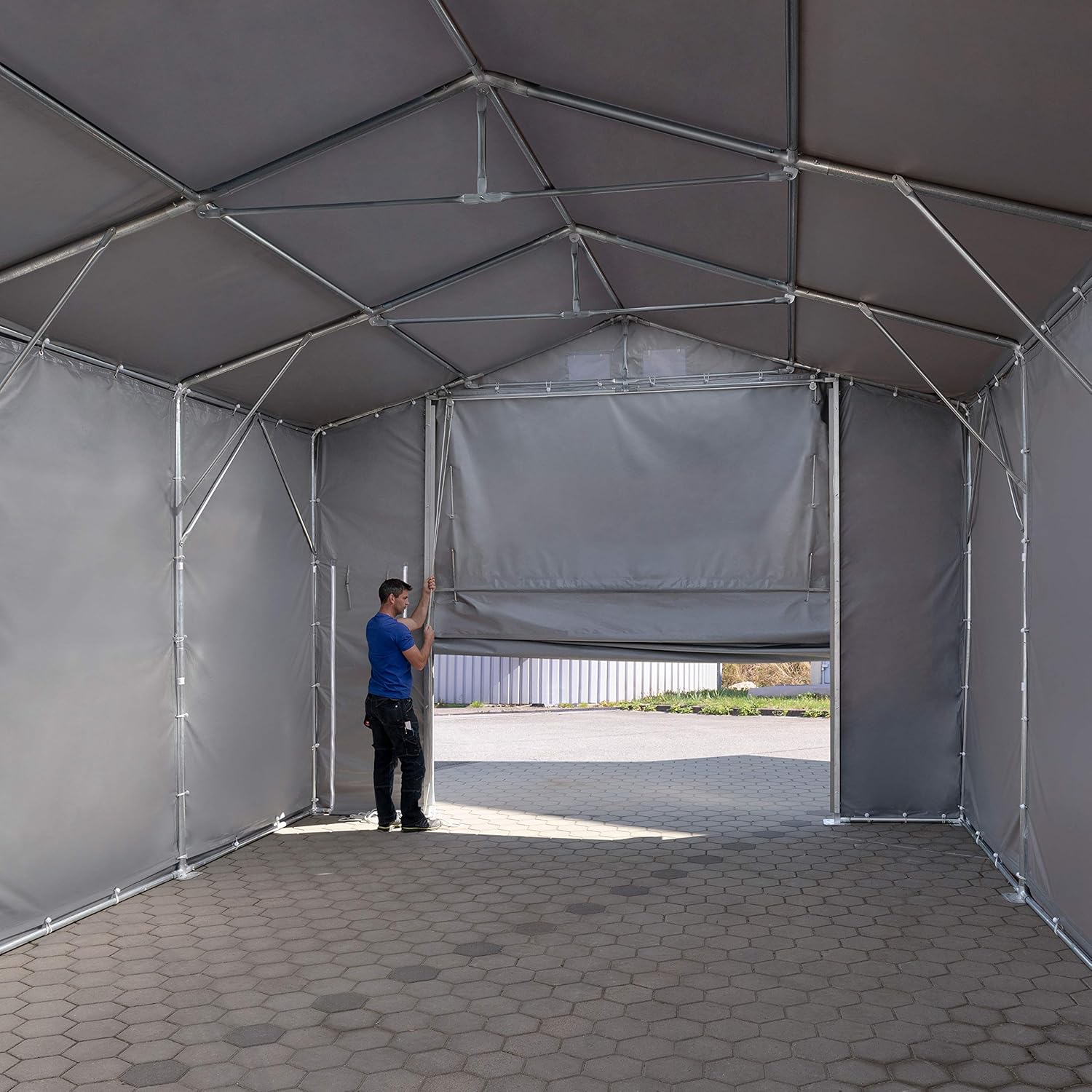TOOLPORT Lagerzelt Industriezelt 8x12 m Zelthalle mit 3m Seitenhöhe PVC Plane 850 N grau wasserdicht Ganzjahreszelt mit Hochziehtor