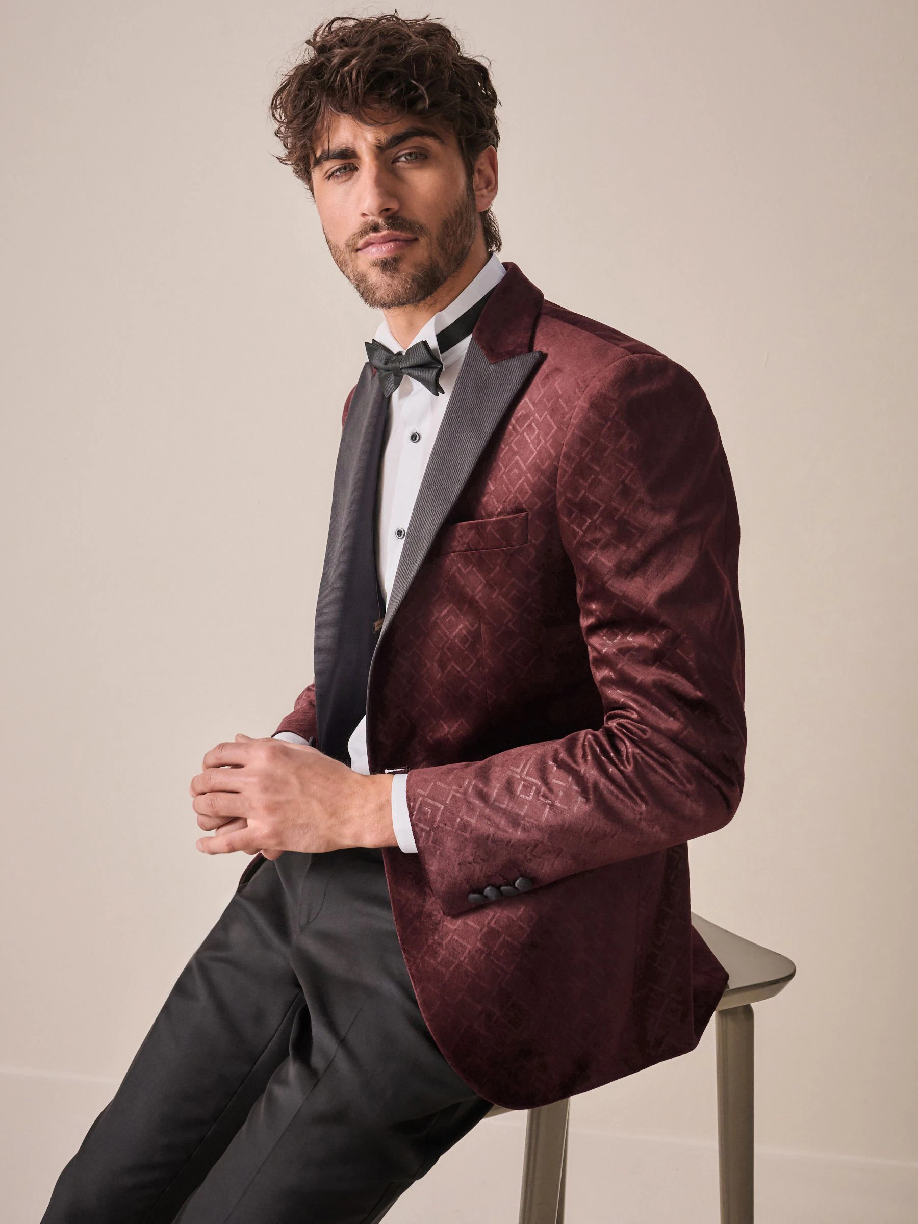 Bordeauxrood geometrisch - Slim Fit - Fluwelen blazer met patroon