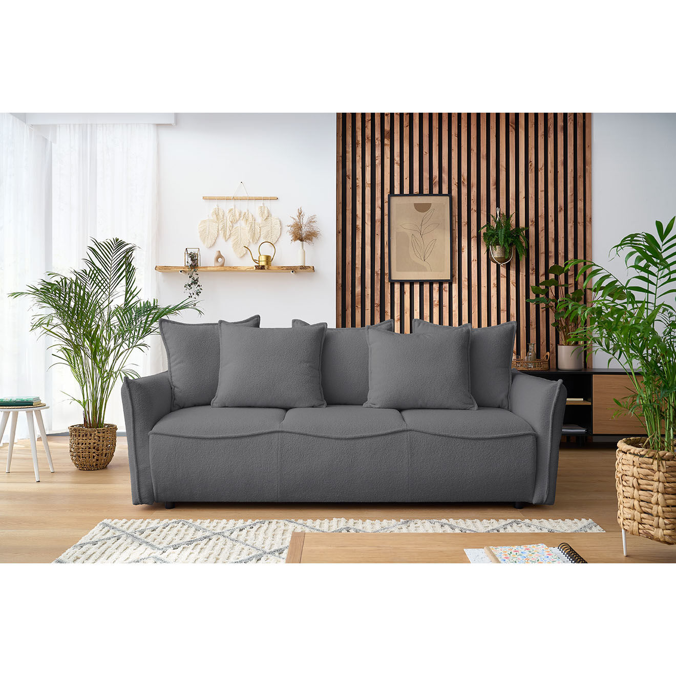 Bobochic Canapé 3 places convertible coffre Bouclette Leon gris foncé - 226x97x90 cm
