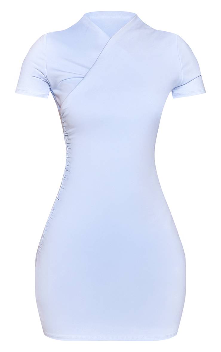 Bleu Robe Courte À Manches Courtes Avec Devant Croisé En Tissu Doux Au Toucher