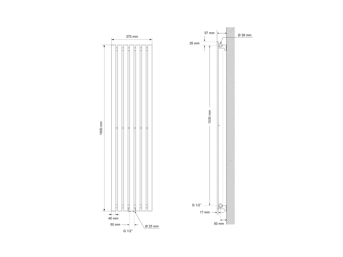 Radiateur Stella à panneaux blanc 370x1600 mm raccord central pour salle de bain