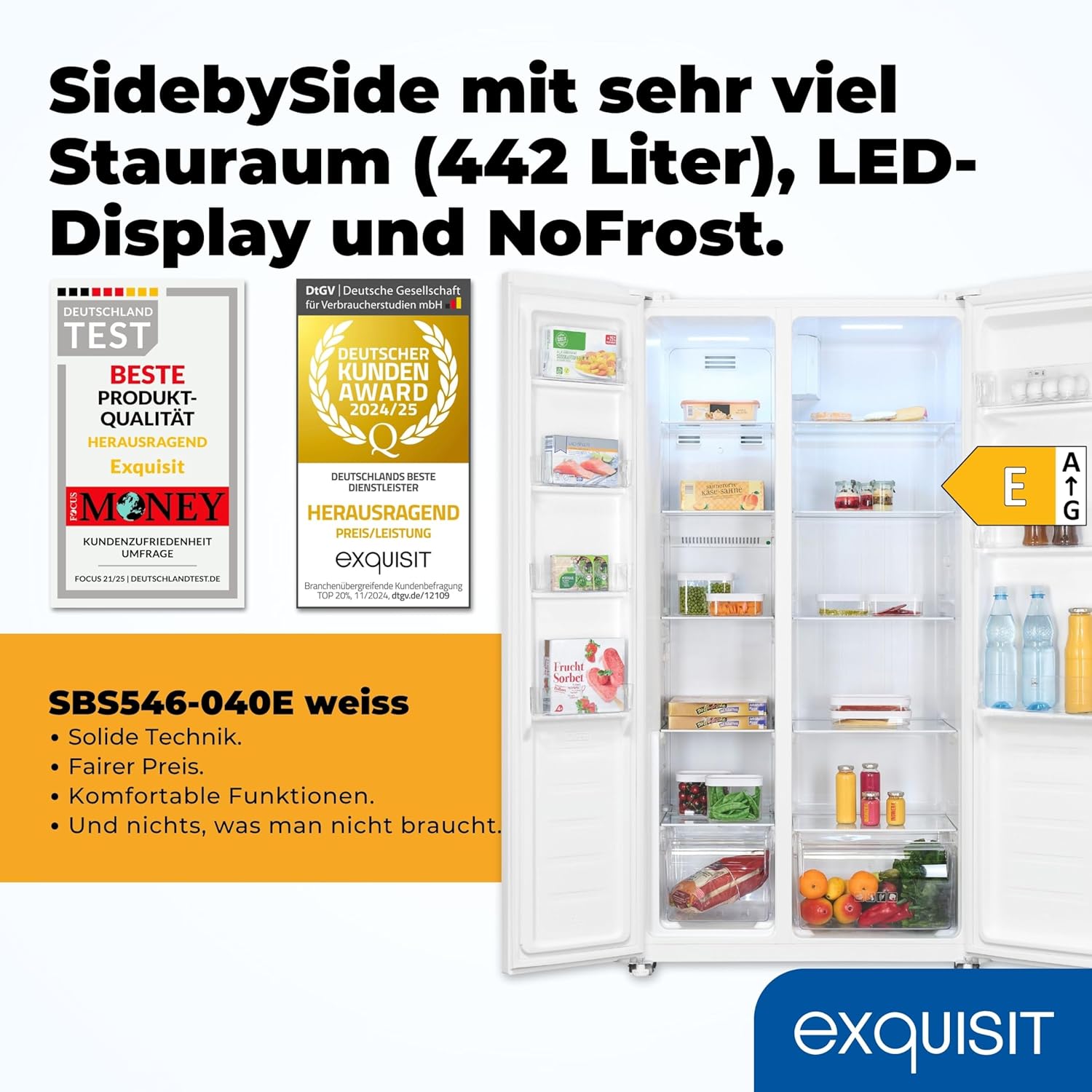 Exquisit Side-by-Side Kühl-Gefrierkombination, 442 Liter, No-Frost, LED-Display, 10 Ablagen, leiser Betrieb, 91 cm Breite, SBS546-040E weiss