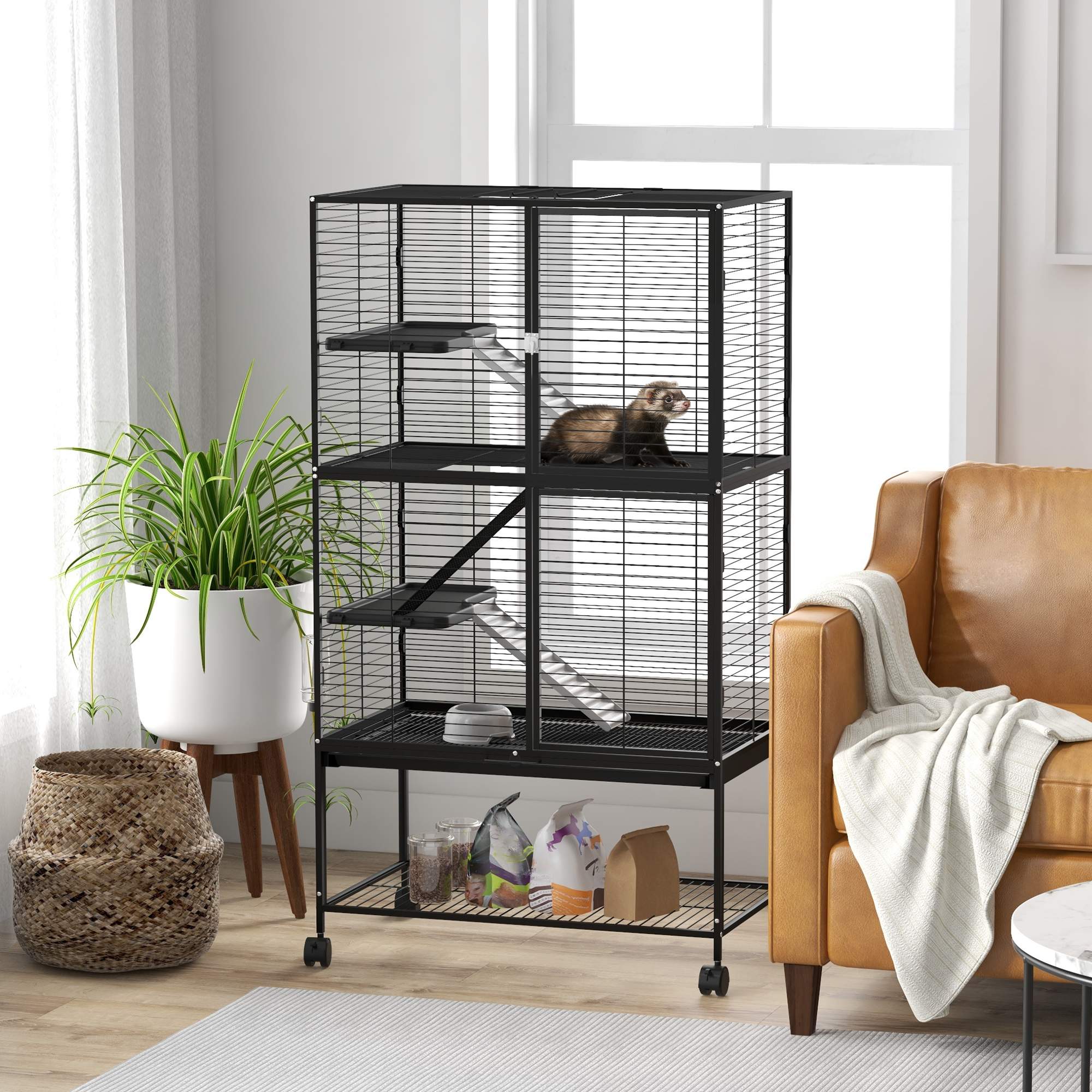 Gaiola PawHut de 4 Níveis para Pequenos Animais, Cercado com Rodas, Rampa, Bebedouro, Garrafa de Água e Bandeja Removível, Ideal para Coelhos, Chinchilas e Furões, 78x45,5x136 cm, Preta
