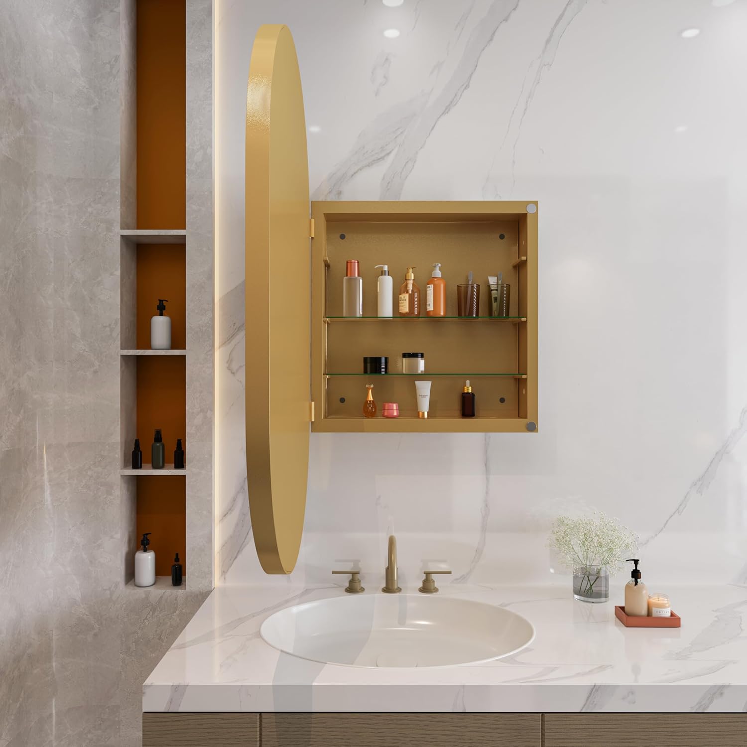 Stylish Oval Mirror Cabinet, Recessed Medicine Cabinet, Wall Cabinet with Metal Framed, Mirror and Adjustable Shelves, Mirror Cabinet with Storage for Bathroom, Living Room and Bedroom, Gold