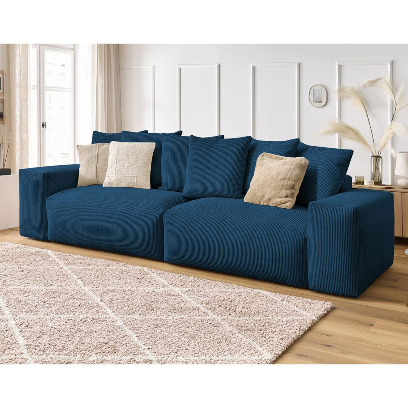 Bobochic Canapé 4 places moelleux voltaire velours côtelé bleu foncé - 320x124x75 cm