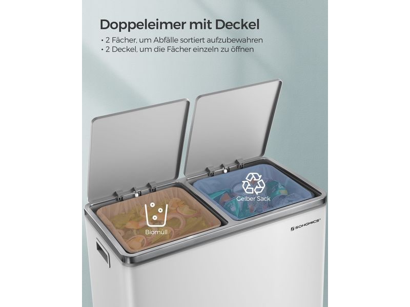 Songmics Abfalleimer Mülleimer 60 l, Weiss Treteimer mit zwei Fächern