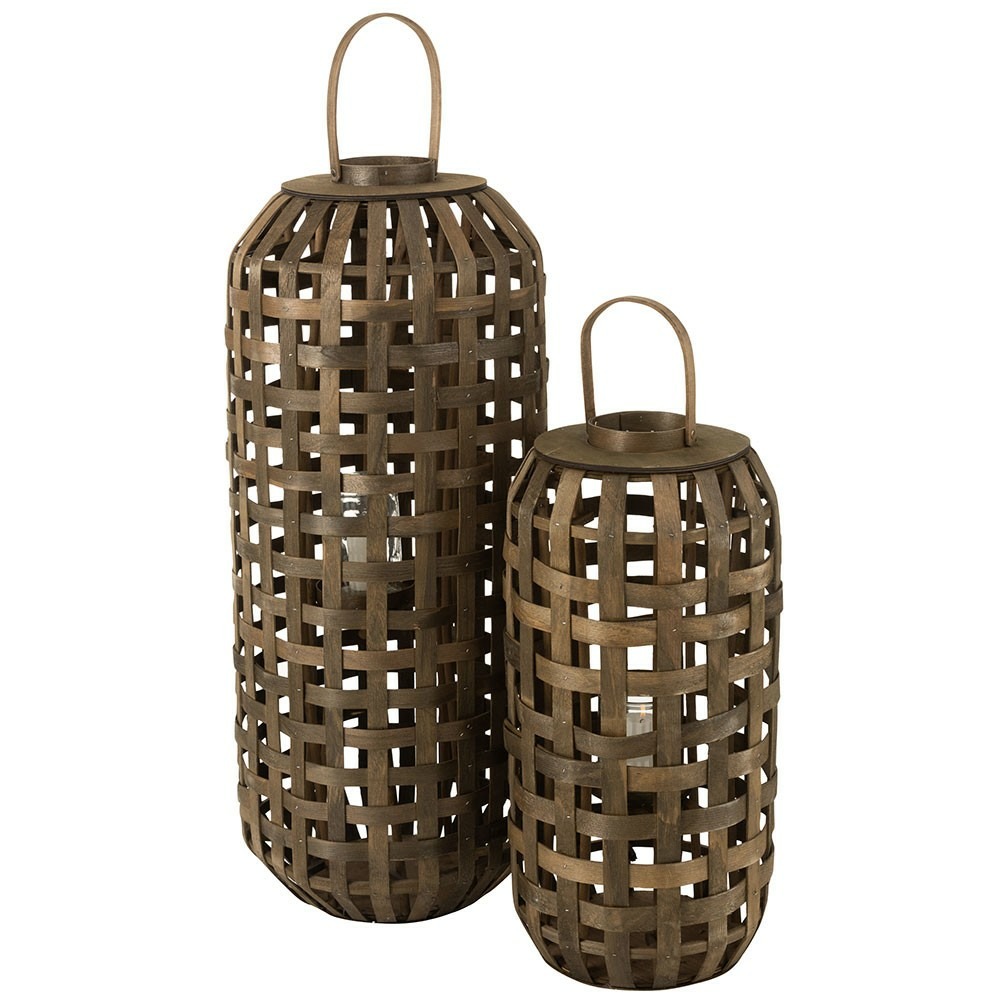 Lanterne cylindre bois marron foncé large