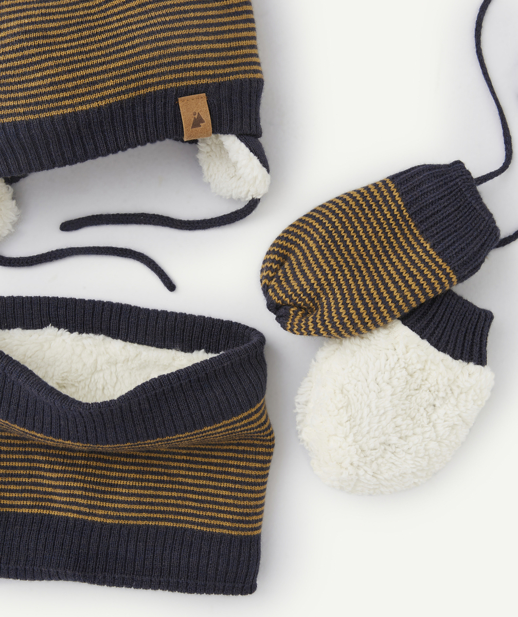SET BÉBÉ GARÇON EN FIBRES RECYCLÉES RAYÉ BLEU MARINE ET OCRE