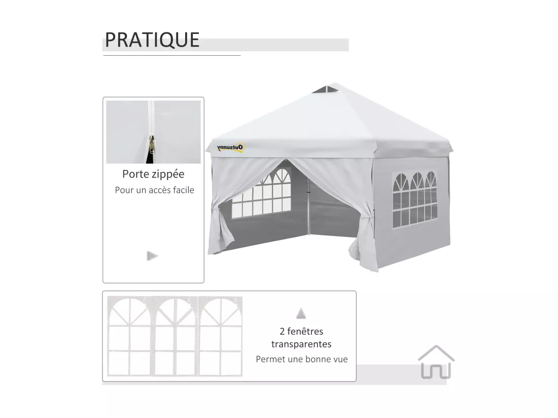 Tonnelle barnum pliant pop-up 3L x 3l x 2,84H m 4 parois latérales amovibles 2 fenêtres + sac de transport métal Oxford blanc