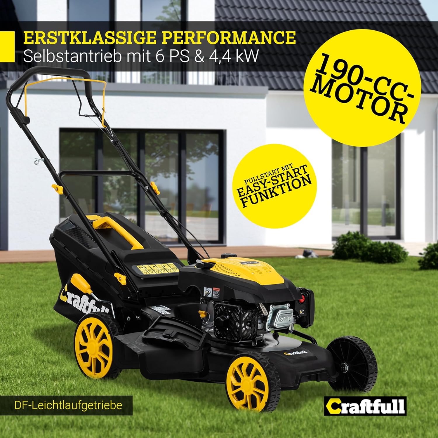 Craftfull Rasenmäher CR-196-30 | 4,4 KW 6 PS | 190 cm³ OHV Motor | Benzinrasenmäher - Mäher Benzin - Selbstfahrantrieb - 53 cm Schnittbreite in 7 Stufen (CR-196-30 4,4 KW 6 PS 190 cm³ Motor Gelb)