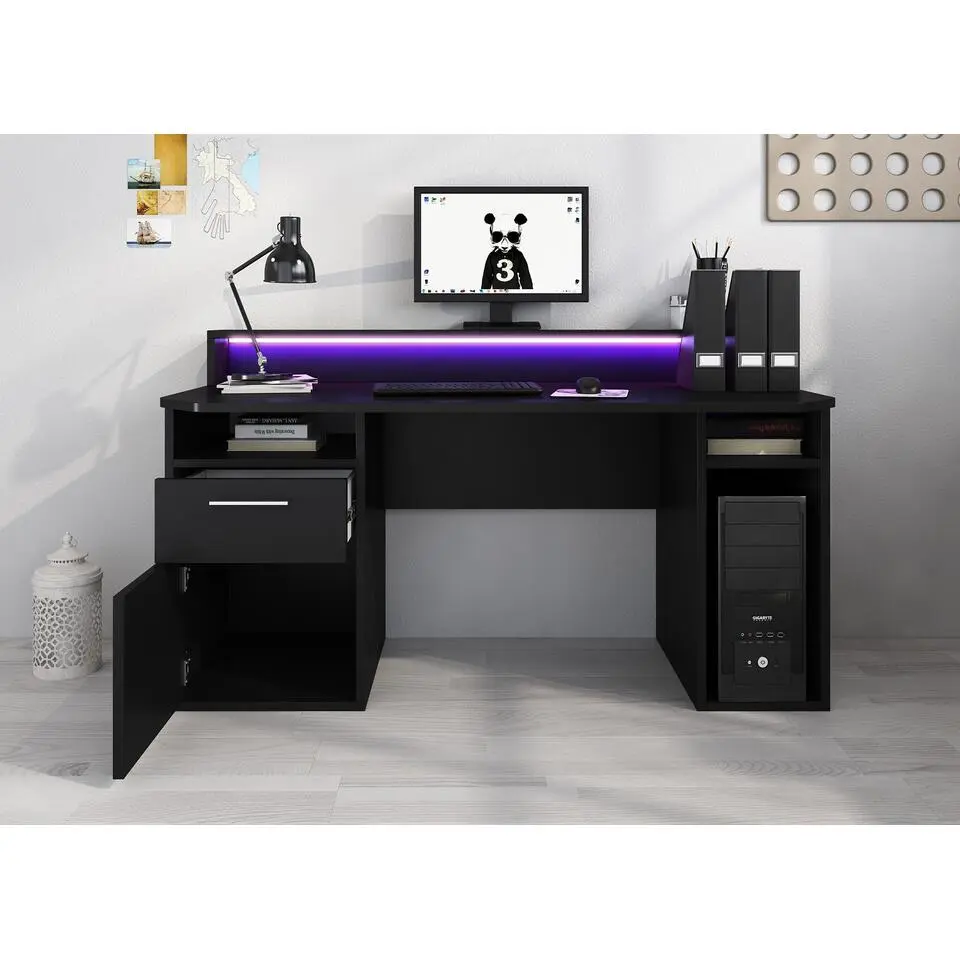 Meubella - Bureau Tamara 3 - Zwart - 160 cm - Met LED