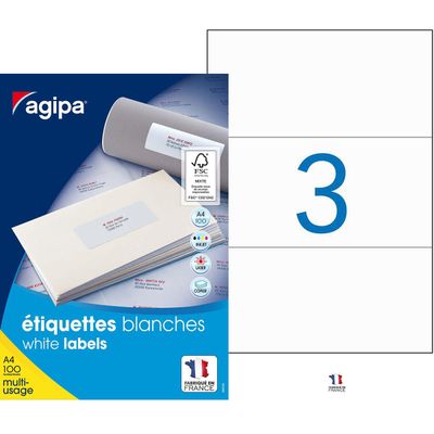Apli Agipa - 300 Étiquettes adhésives blanches multi-usages - 210 x 99 mm - coins droits - réf 119019