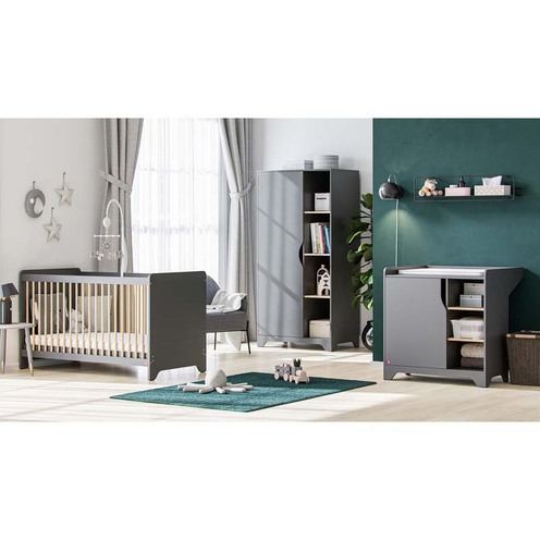 Chambre TRIO Lit 60x120 Commode Armoire LEAF Graphite/Bois - VOX