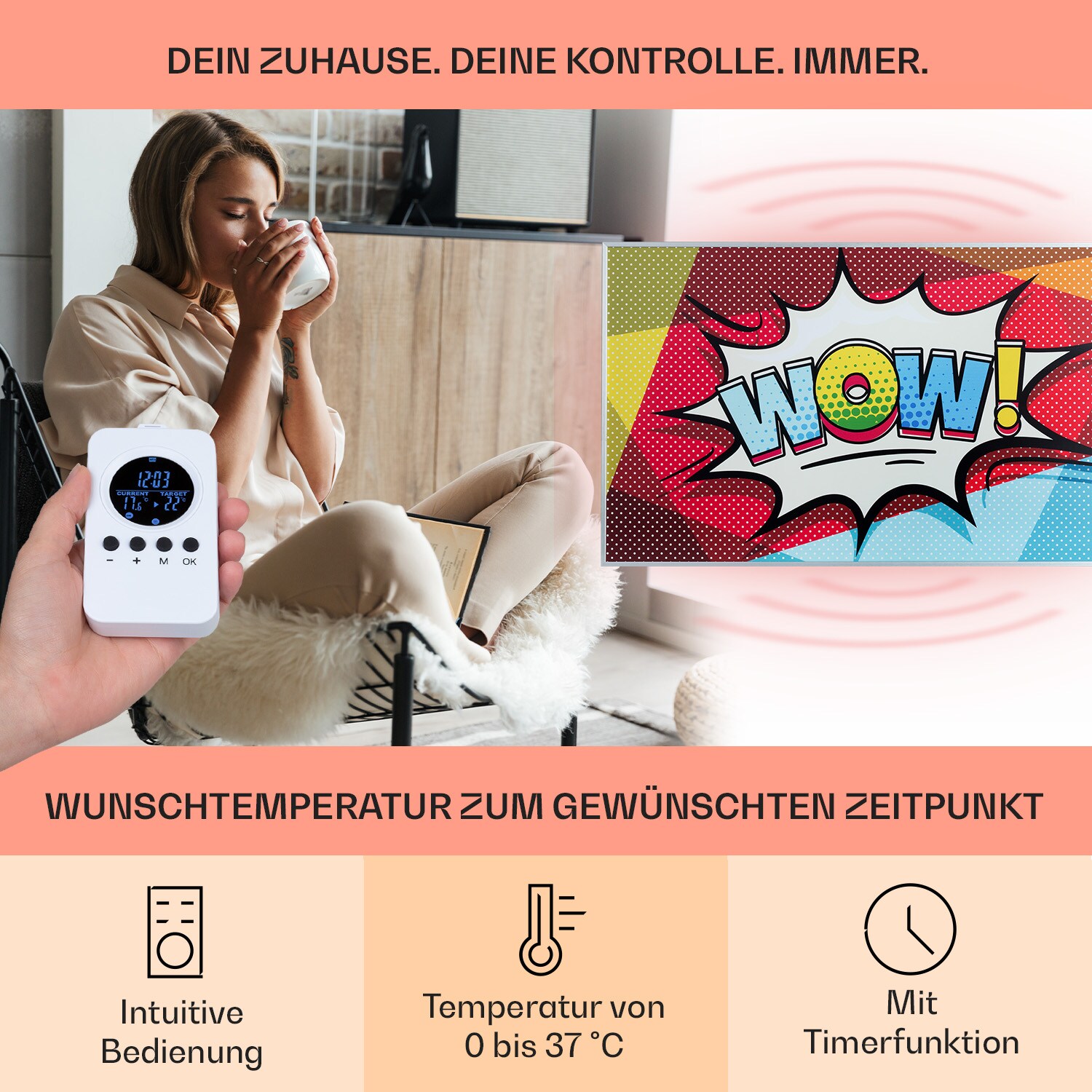 Wonderwall Air Art 60 Infrarotheizung 101x60cm 600W Wandinstallation Fernbedienung