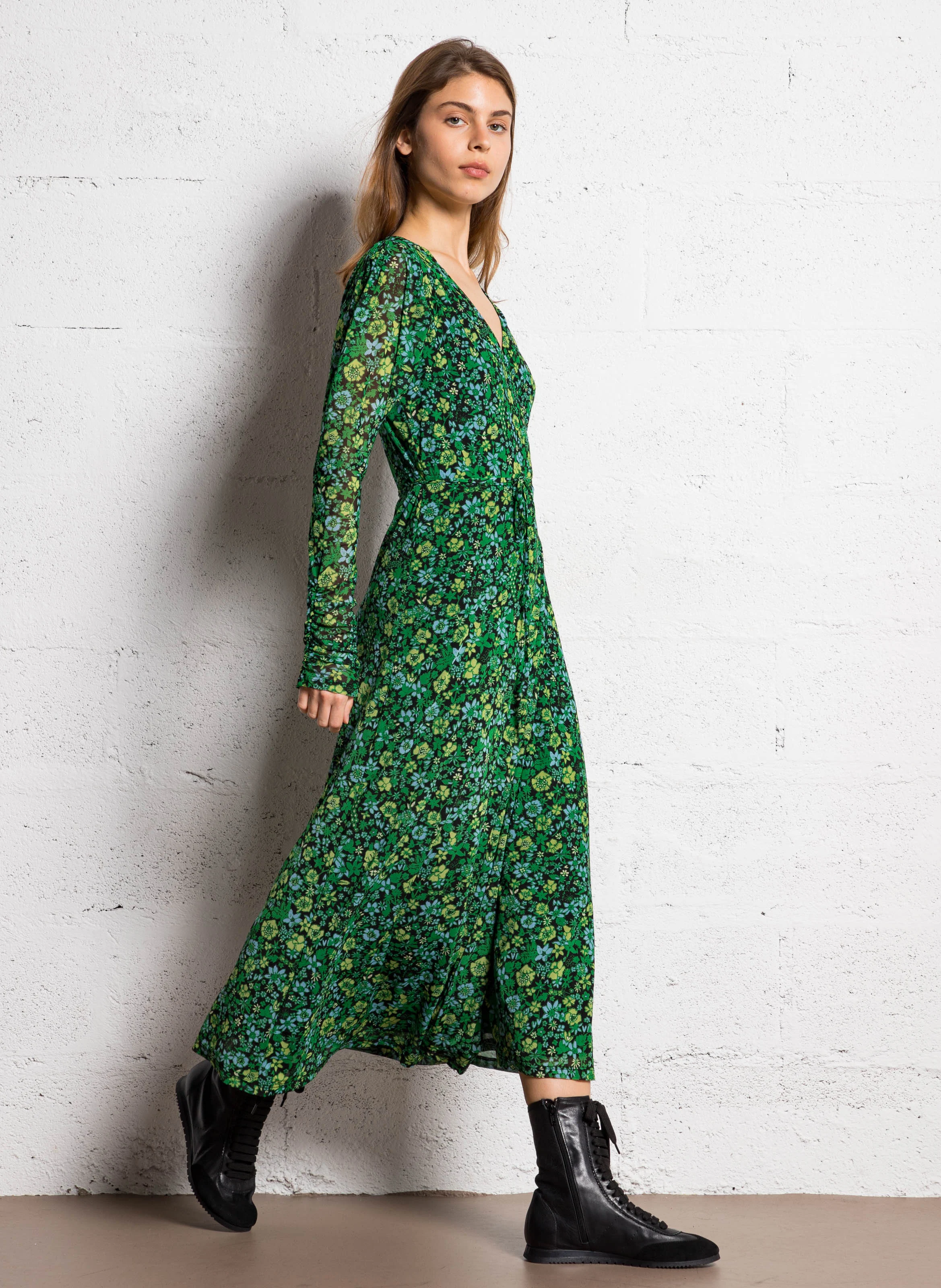 NATALIE - Robe longue imprimée en fibres recyclées mélangées | Vert