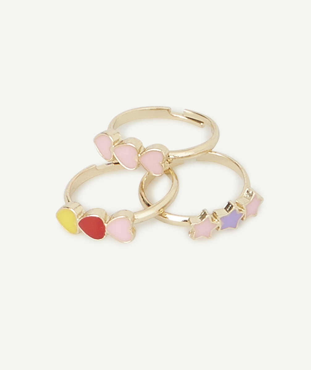 LE LOT DE 3 BAGUES COULEUR DORÉE AVEC COEURS ET ÉTOILES