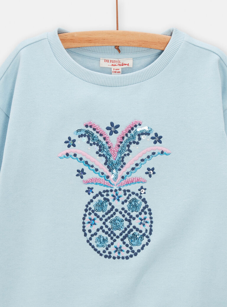 Sweat bleu clair ananas brodé pour fille