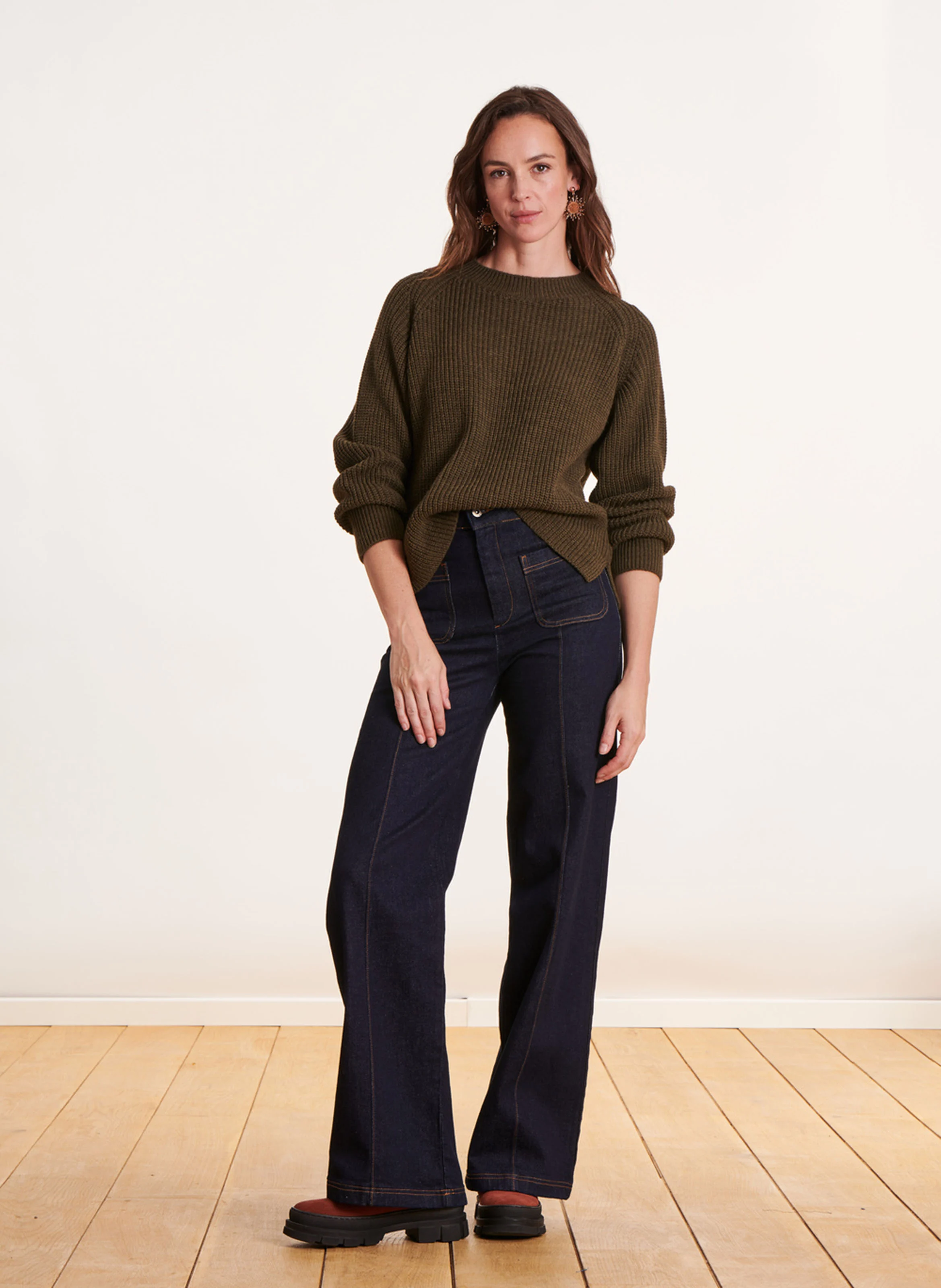 Pull ample col rond en maille mélangée | Vert