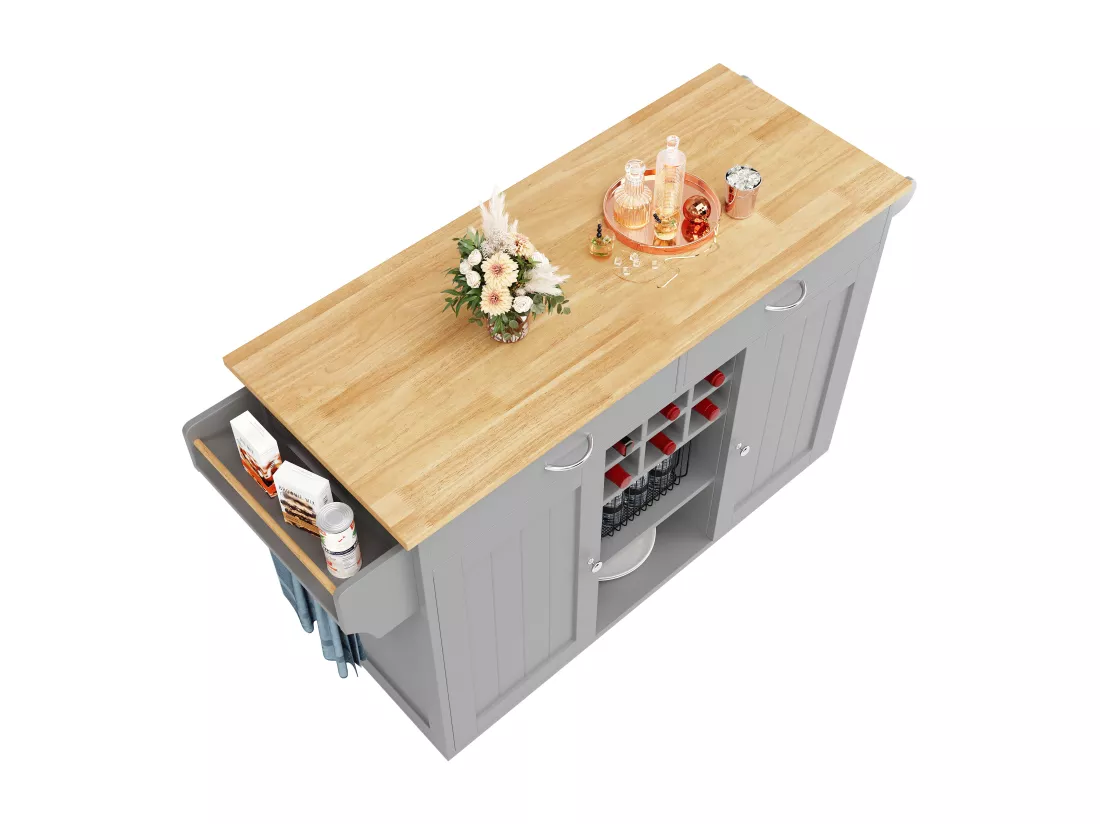 Ilot central de cuisine mobile avec 2 portes et 2 tiroirs - 102x45x92 cm - Bois MDF - Gris et naturel