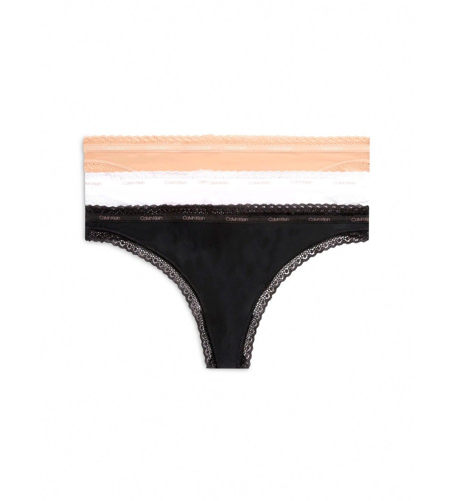 Conjunto de 3 calcinhas fio dental Calvin Klein Up: preta, branca e bege.