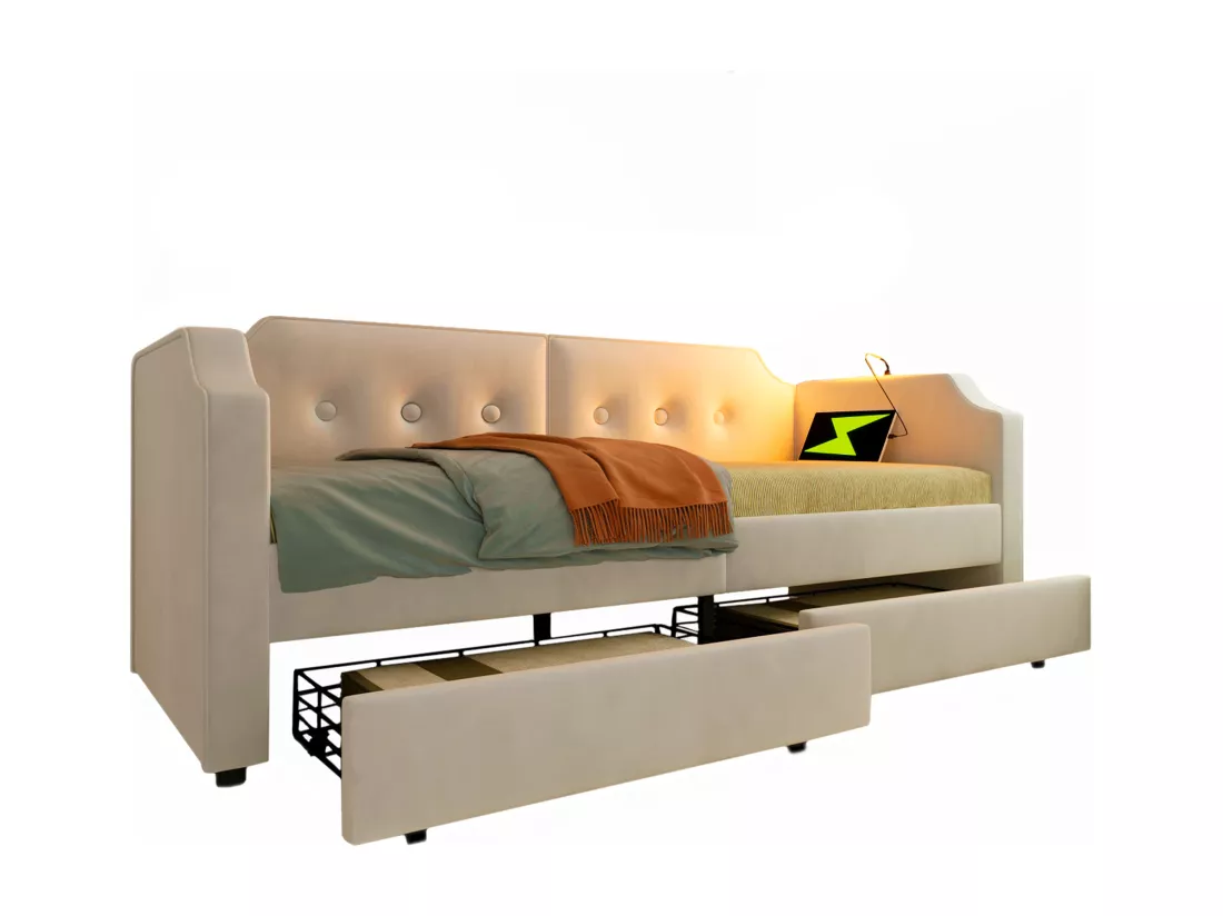 Lit capitonné 90 x 200 cm avec 2 tiroirs, canapé-lit avec 2 tiroirs, lampe de lecture et prise USB Type-C - Velours - Beige (sans matelas)