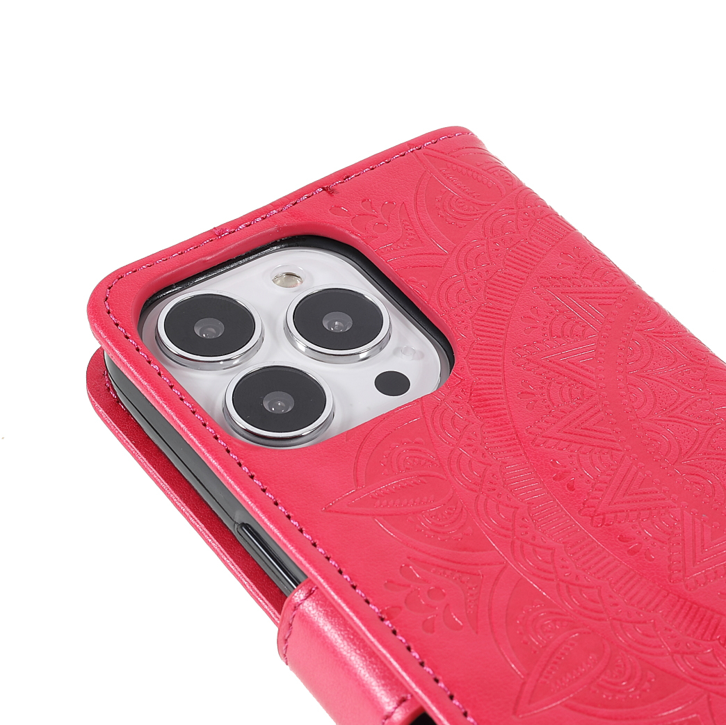 iPhone 13 Pro Leder Tasche Wallet - Mandala Flowers Imprint - Rot / Pink