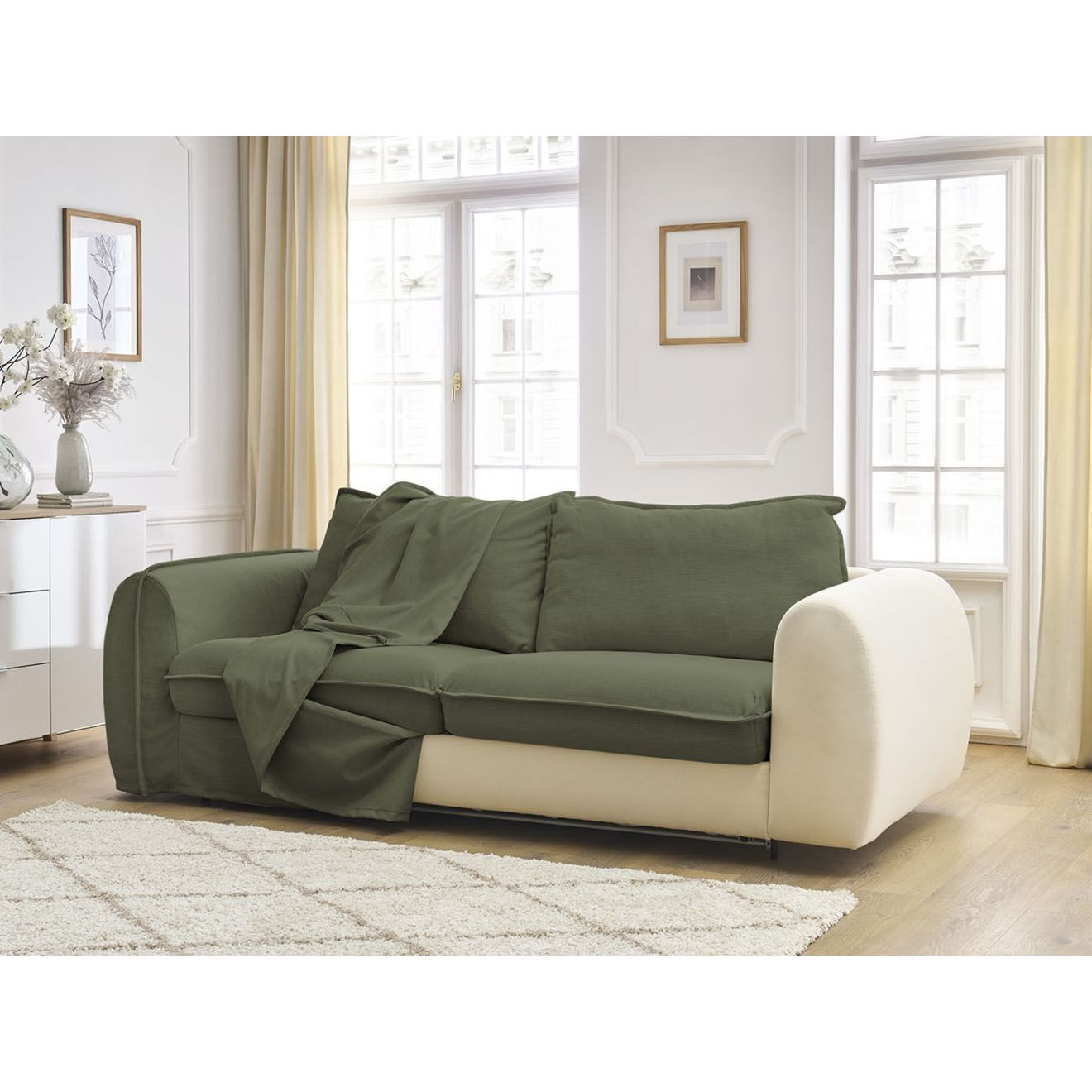 Bobochic Canapé droit convertible express 3 places Archimède 140 vert - 216x106x93 cm