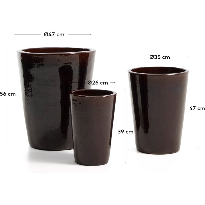 Ensemble Rotja de 3 pots de fleurs en terre cuite, finition grenat émaillée Ø 26 / 35 / 47 cm