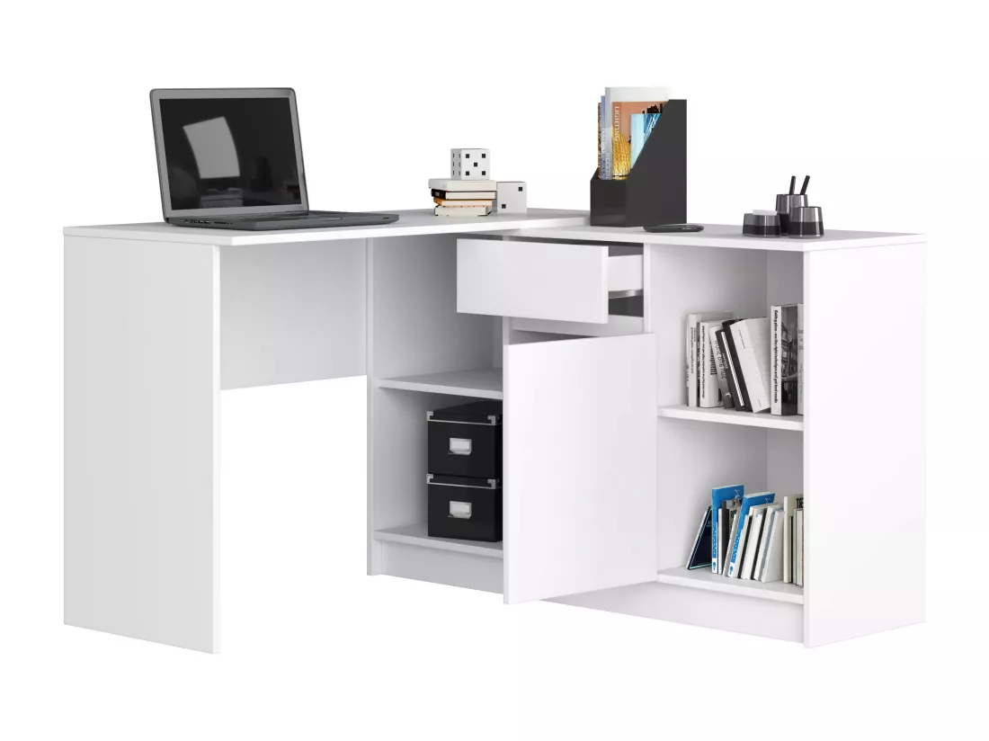 Ensemble d'angle AKORD bureau B17 avec commode Blanc 120 cm 1 porte 1 tiroir façade Blanche 6 étagères 120x126x79 cm