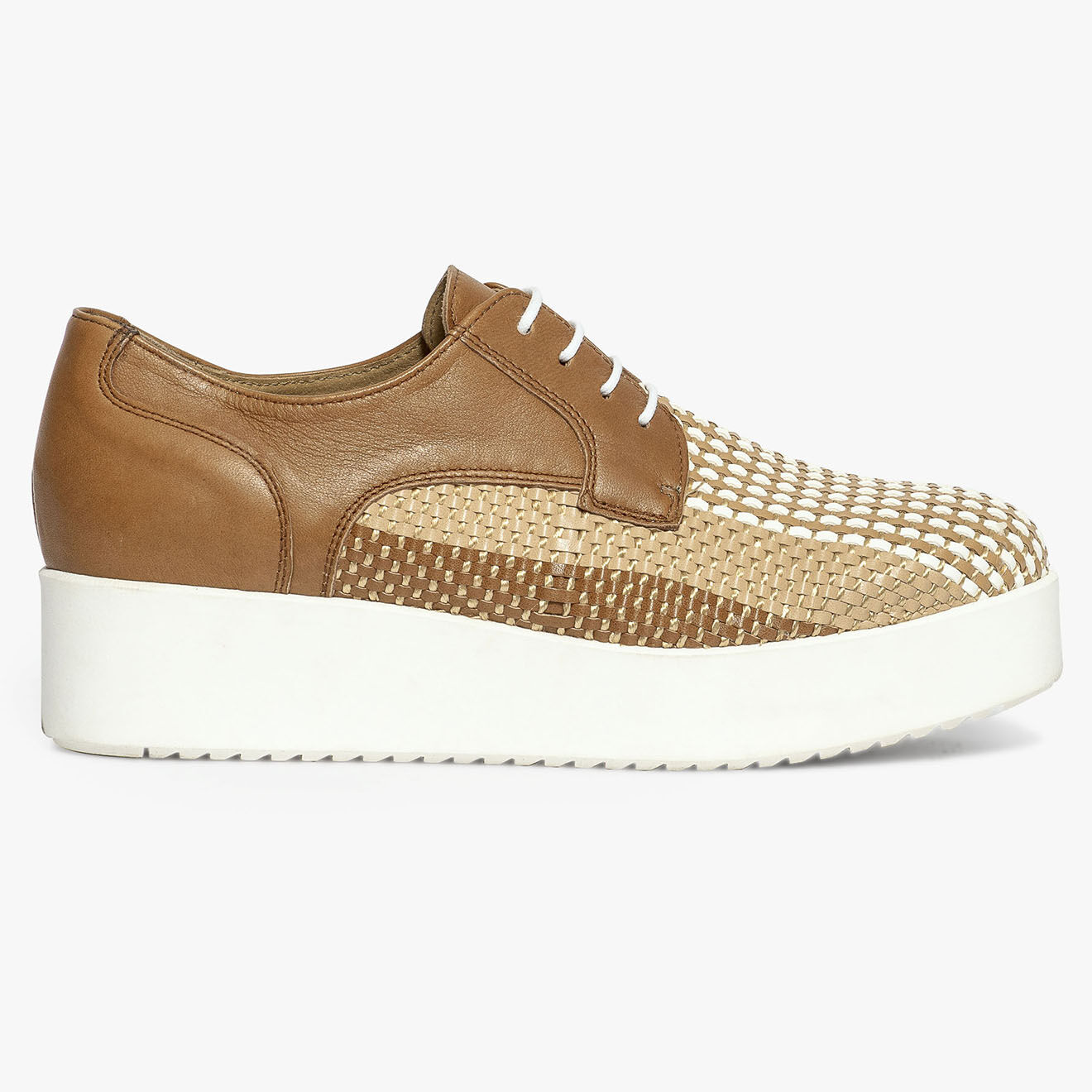 Bocage Derbies à plateforme en Cuir & Tissu tressé Lorenti cognac