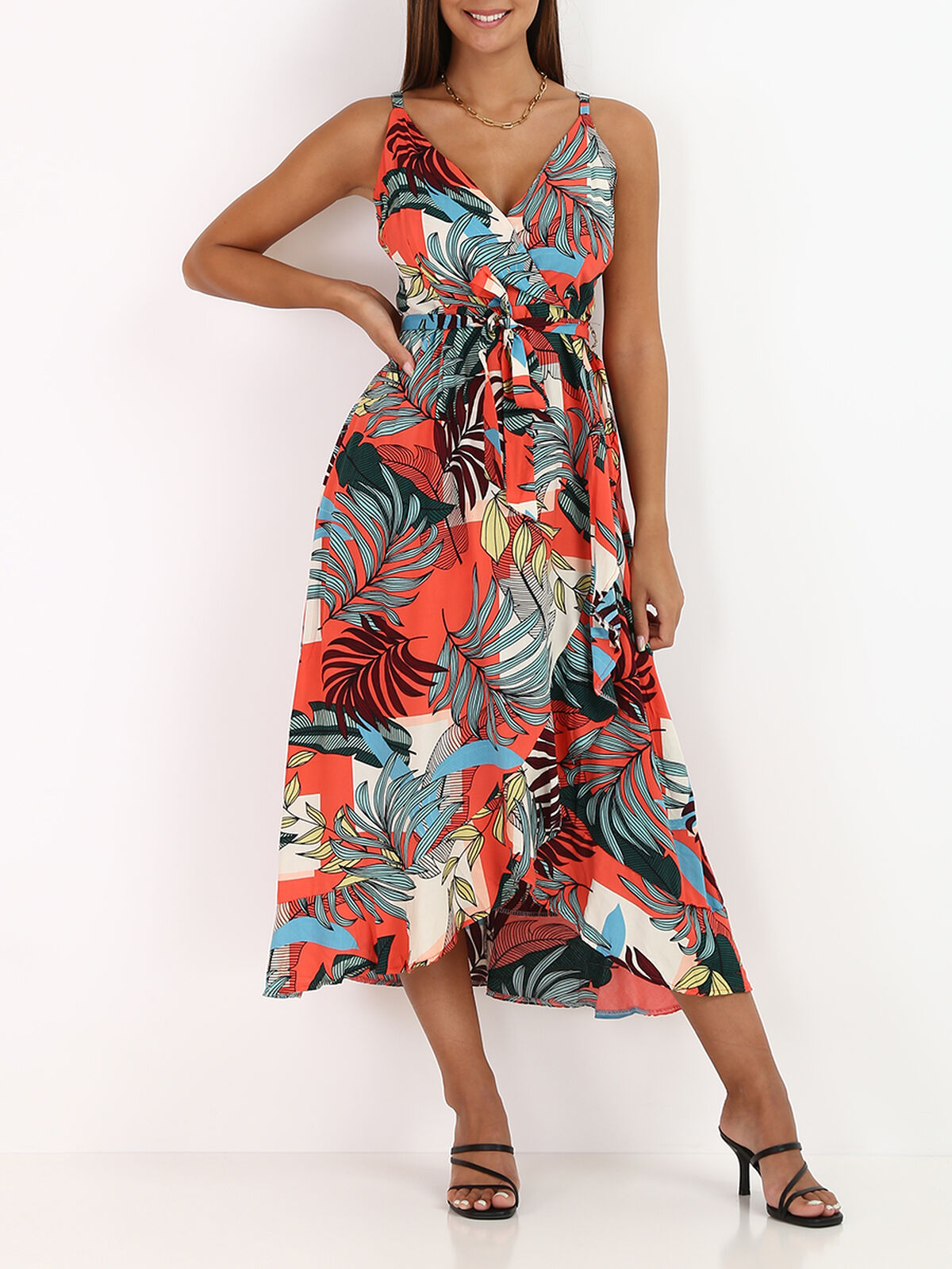 Robe mi-longue à feuilles tropicales- Rouge