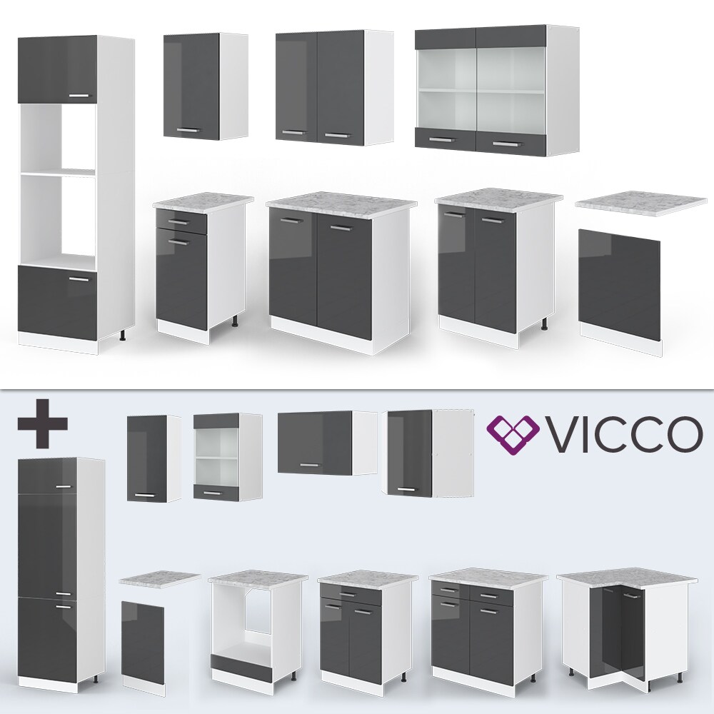 VICCO KÜCHE R-LINE 300CM KÜCHENZEILE KÜCHENBLOCK EINBAUKÜCHE ANTHRAZIT HOCHGLANZ